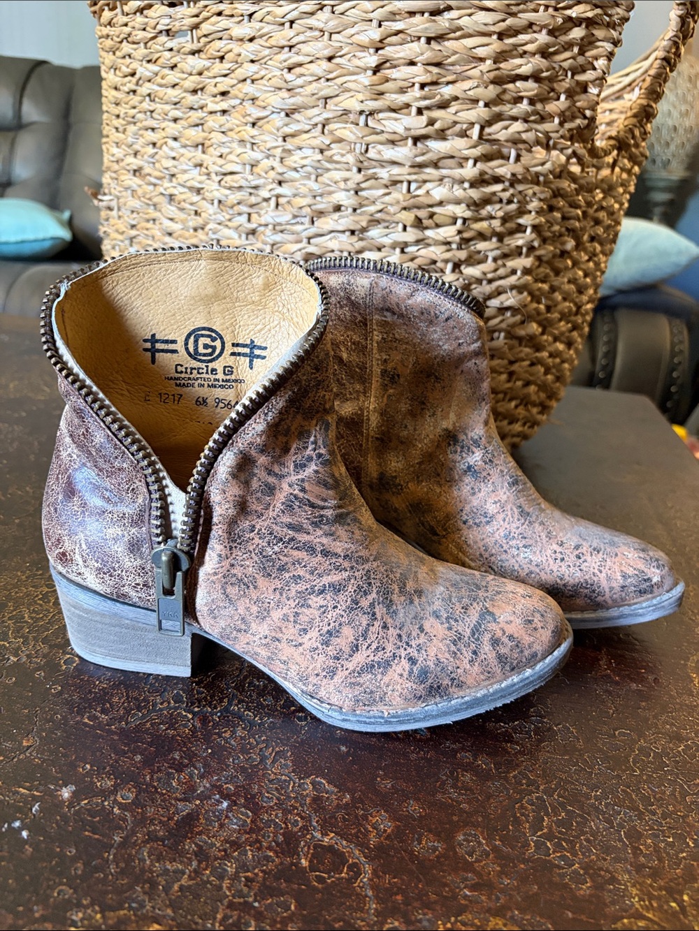 Circle G Distressed Brown/Tan Leather Ankle Booties with Side Zipper